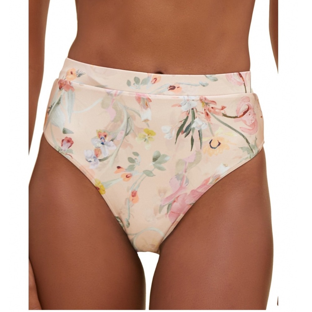 PatBO Lily Floral Print High Rise Bikini Bottom Orange Peach Medium NEW